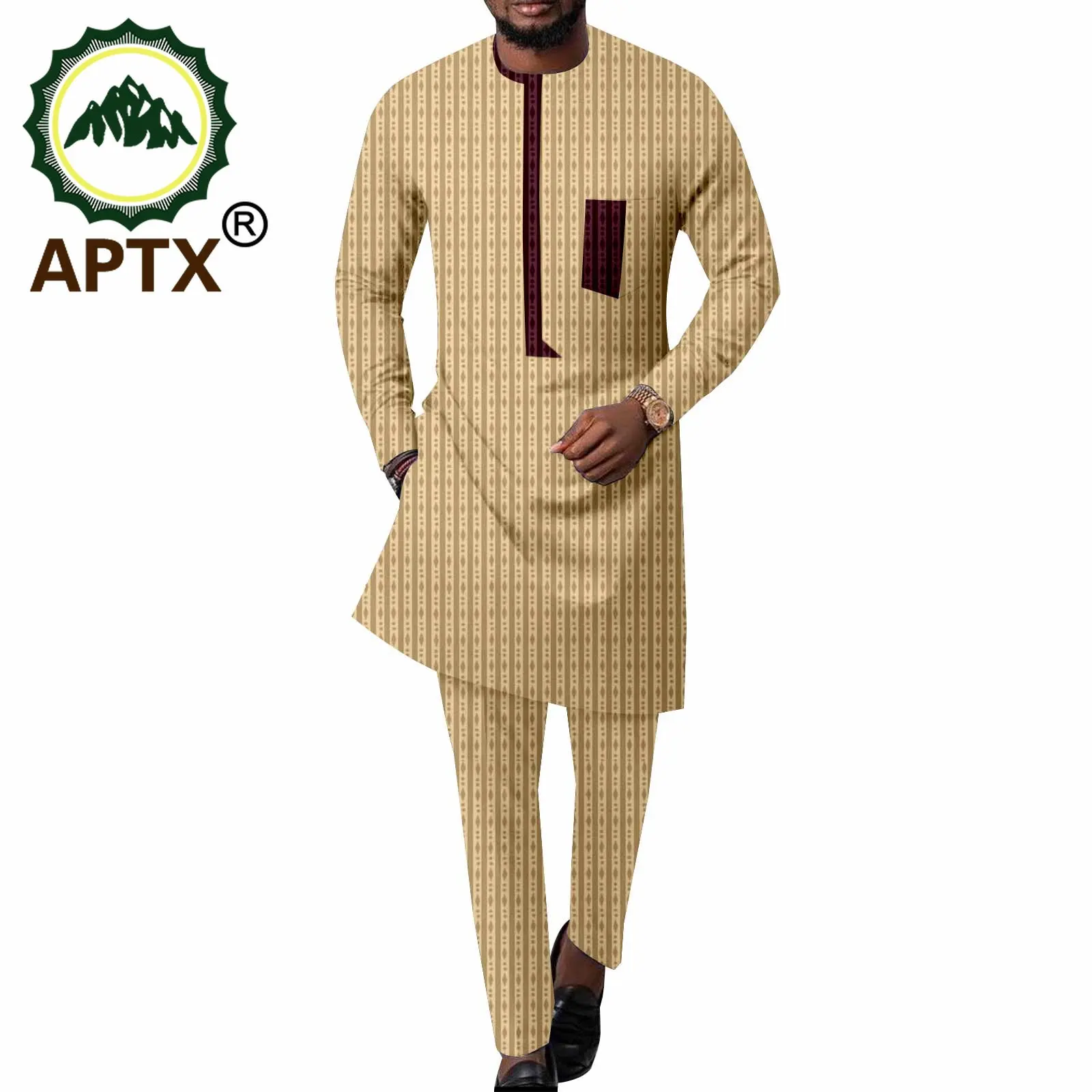 APTX African Men\'s Clothing 2 Pieces Set Casual Suit Long O-Neck Top Shirt Full Length Slim Pants Daily Causal Wear A2316001