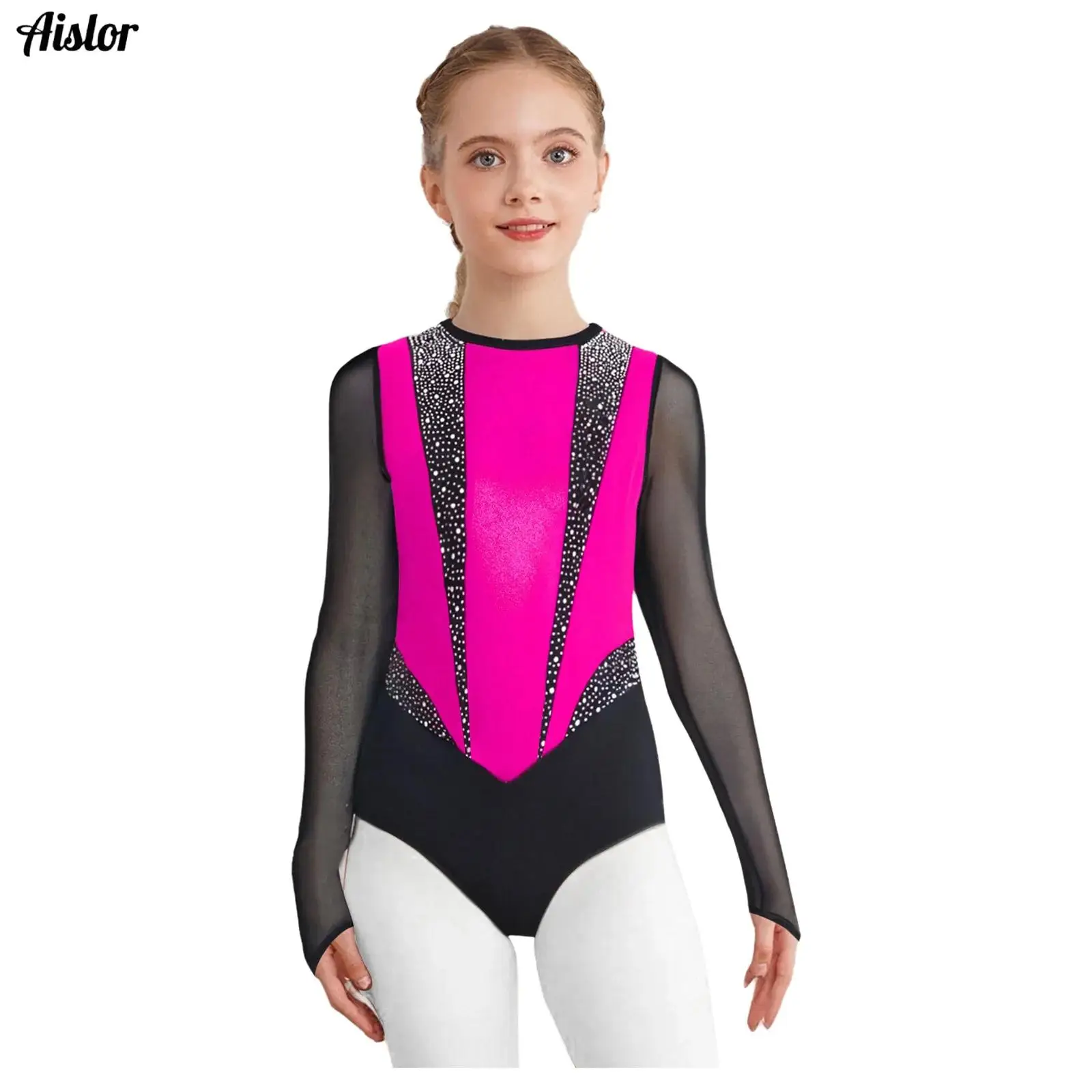 

Kids Girls Gymnastics Leotard Shiny Rhinestones Metallic Sheer Mesh Long Sleeves Leotard Figure Skating Ballet Dance Bodysuit