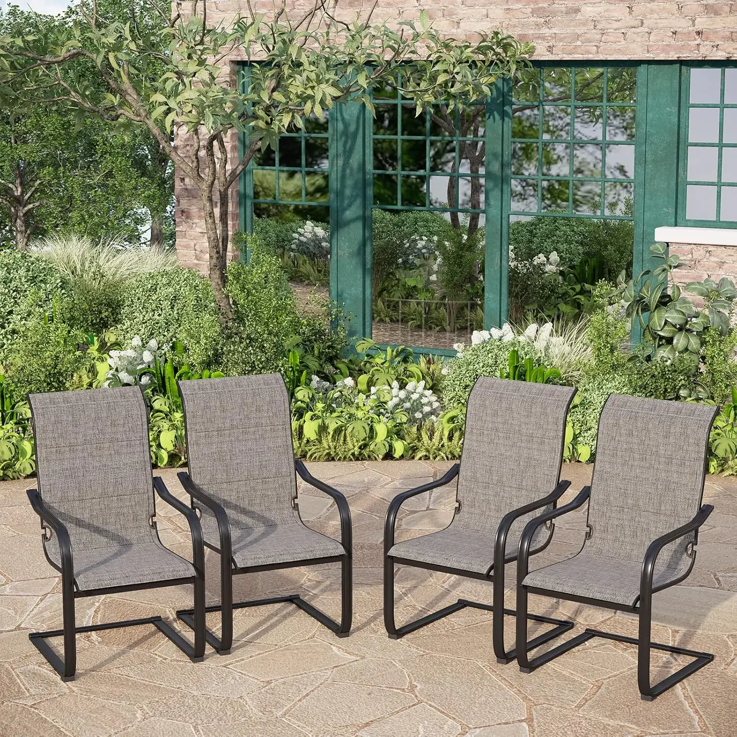 Outdoor C-Spring Dining Chairs Set of 4, Patio Sling High Back Springy Chairs with Padded Textilene Fabric