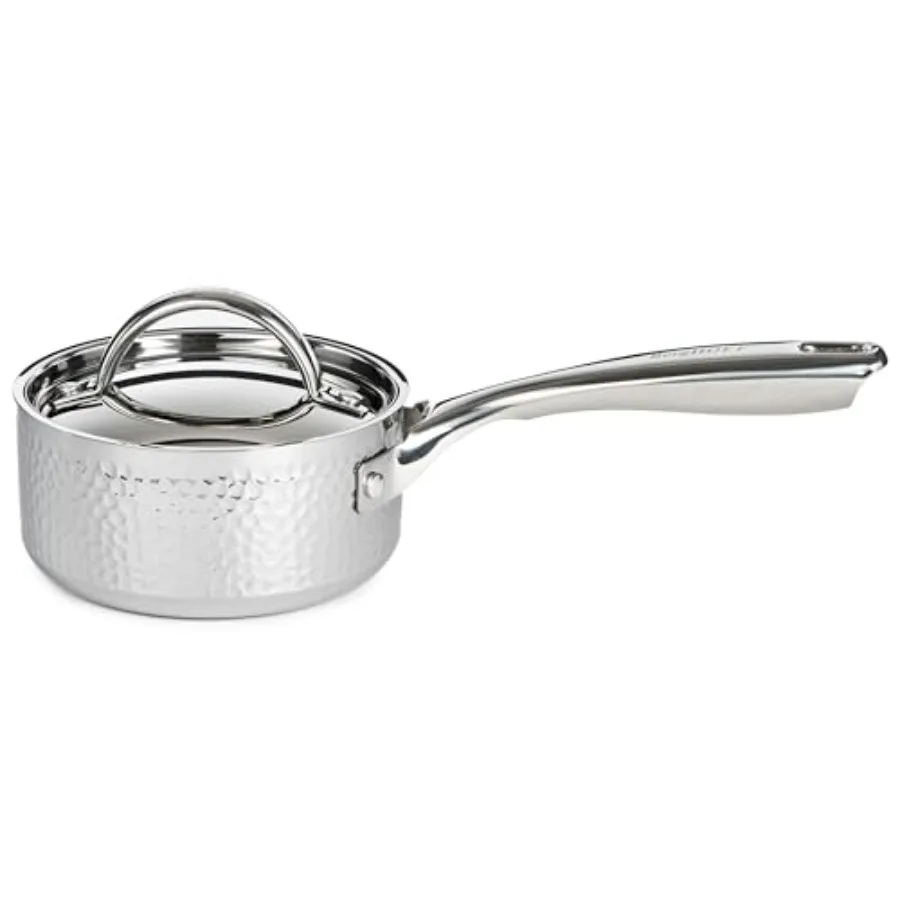 

Vintage Tri-Ply 18/10 Stainless Steel Saucepan 5.5in 1qt. With Matching Lid, Hammered, Long and Ergonomic Shaped Handle, Inducti