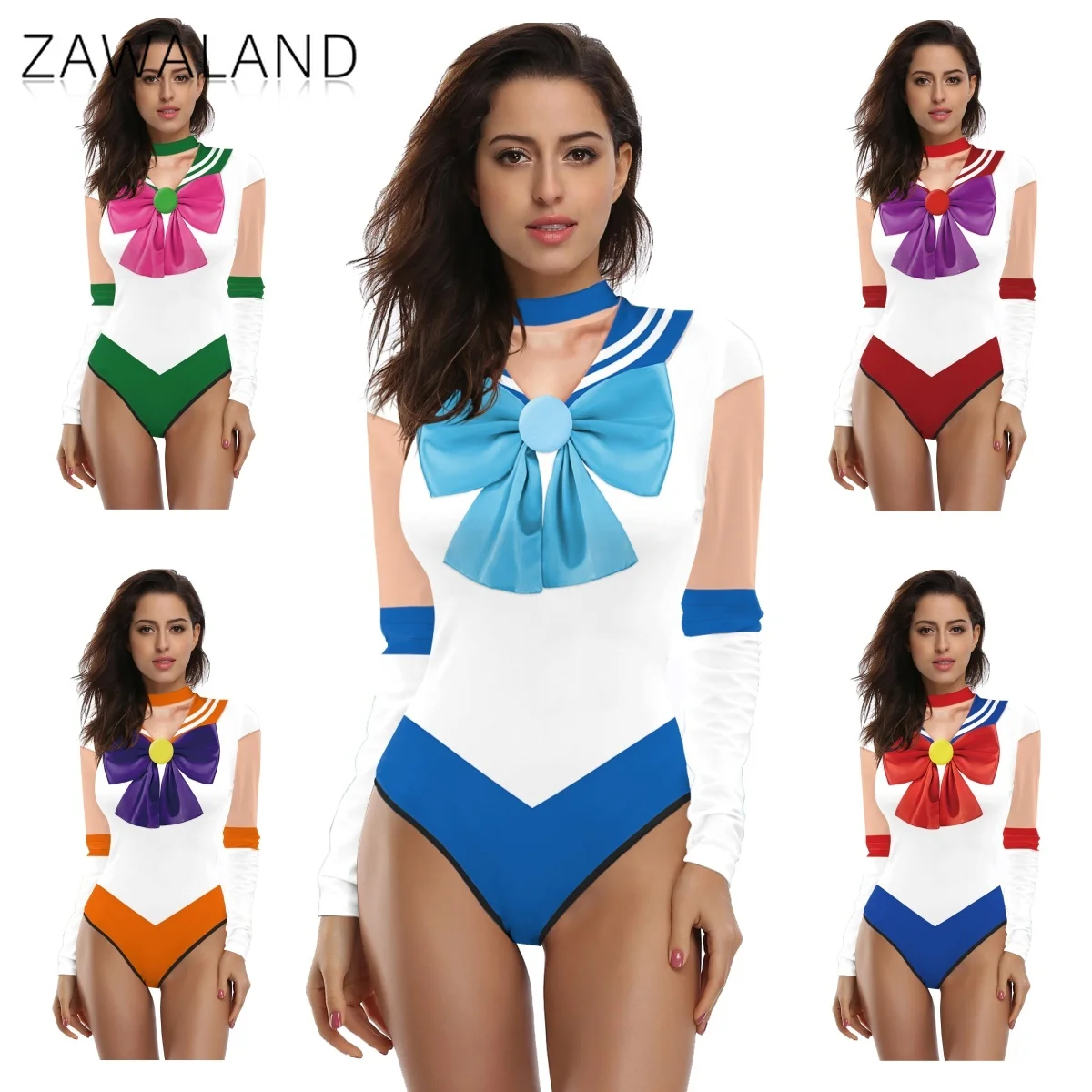 

Sailor Cosplay Costume Woman Bow Print Long Sleeve Swimsuit Beach One-Piece Bathing Suit Party Dress Up Catsuit Carnival Outfits