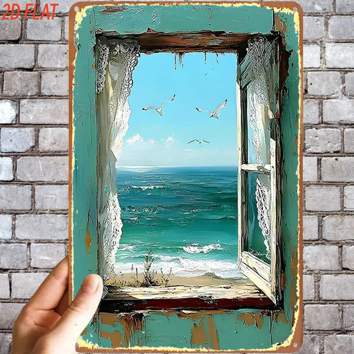 2D Flat, 2D Flat,1pc, Retro Seaside Window View Art Print Metal Iron Sign, Pre-Drilled Holes, Suitable for Indoor, Garden,Outdoo