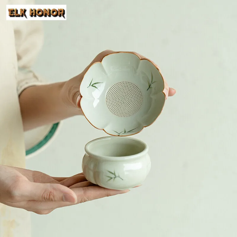 Pure Hand-painted Bamboo Tea Filter Set Household Flower Mouth Tea Separator Infusor Retro Tea Strainer Tea Maker Tea Ornaments