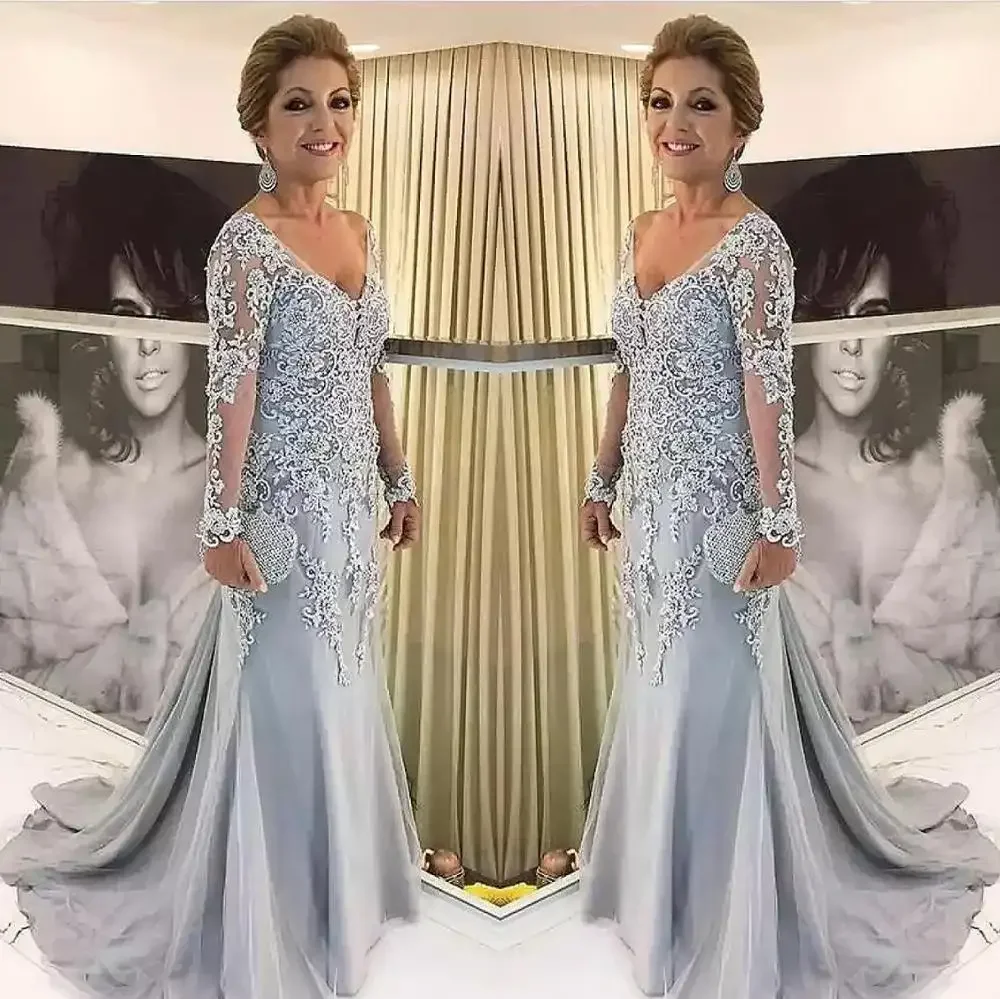 Vestido de sirena para madre de la novia, manga larga, tul con cuentas, satén, talla grande, fiesta de boda, invitados, 2024