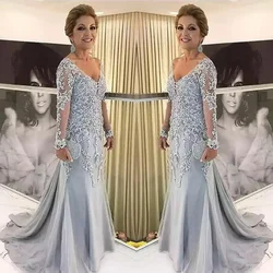 2024 Mermaid Mother Of The Bride Dress Long Sleeve Beaded Tulle Satin Groom Mother Dress Plus Size Wedding Party Guest Gown