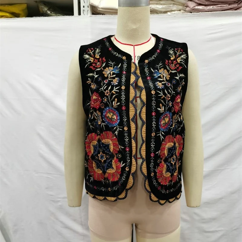 빈티지 벨벳 자수 조끼 여성용 O넥 민소매 가디건 캐주얼 여성 의류 패션 스트리트웨어 하이 스트리트웨어