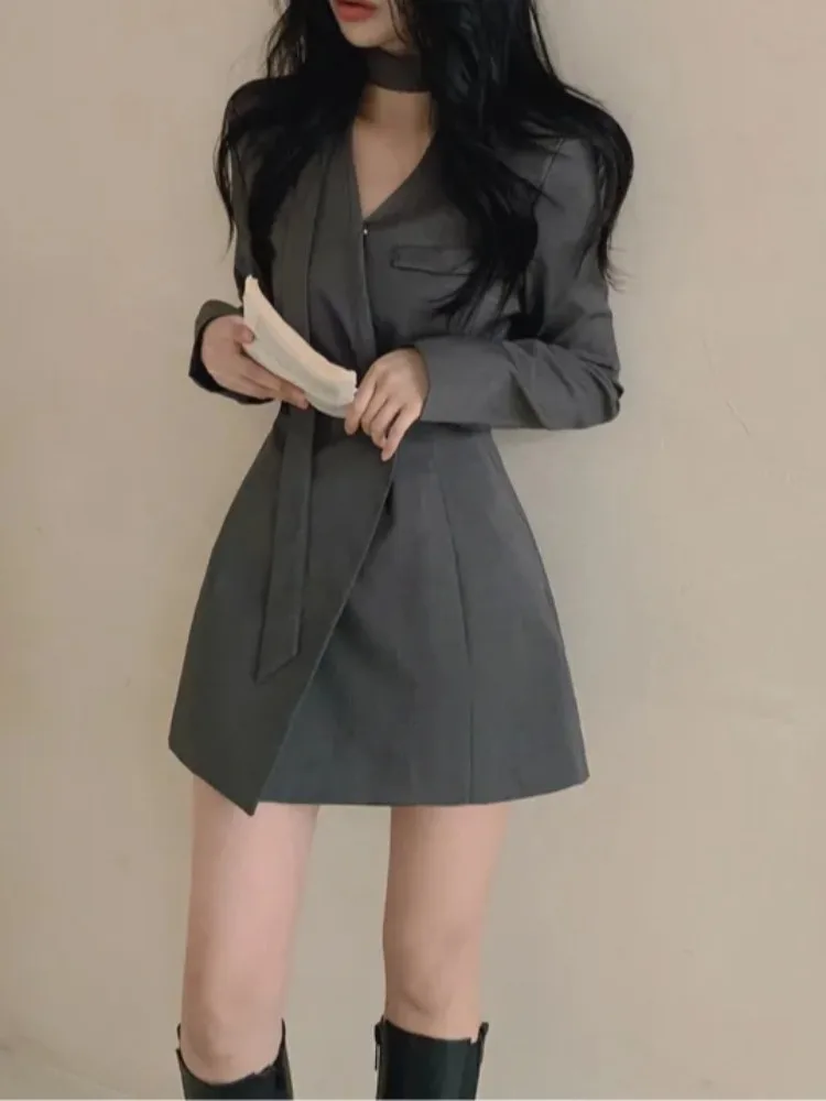 

Ele V-ne Long Sve Suit Dr Women's Waist-cinching Button-up Chic Autumn High-end Feel Asymmetrical Hemline