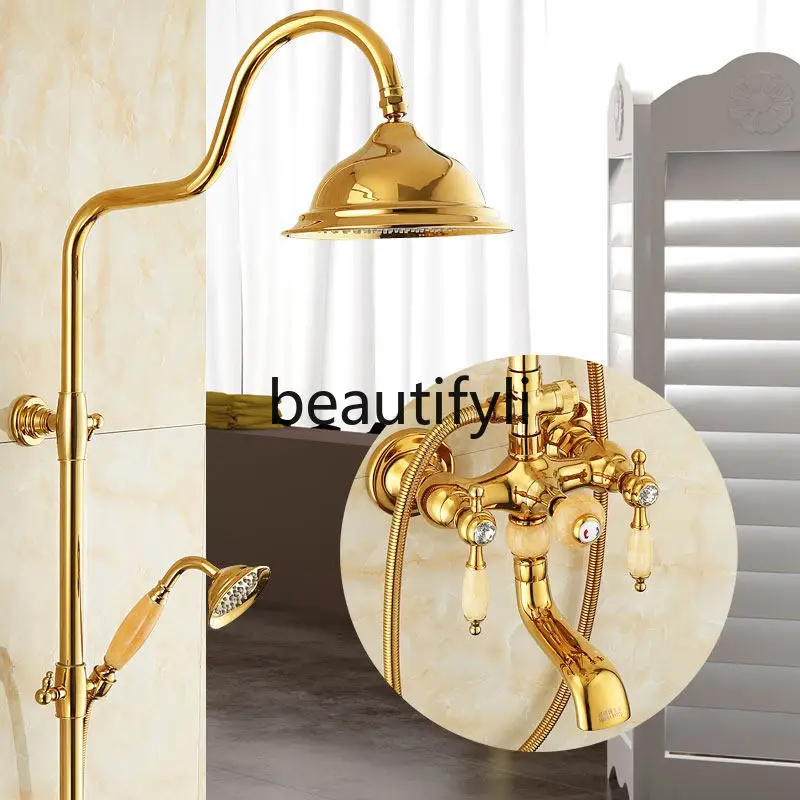 All-copper European shower set, thermostatic shower, bathroom rain, golden rotating nozzle