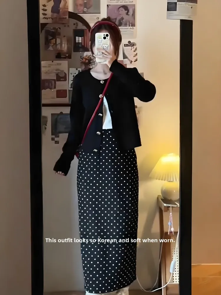 

Ladies Bla Polka Dot Midi Skirt Thin Summer A-Line f-length Soft Sle Large Size Comfortable BF Gentlewoman Wind