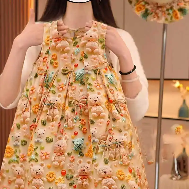 فستان صيفي للفتيات سترة مطبوعة ثلاثية الأبعاد فستان موضة جديدة للأطفال لعام 2025، مناسب للأعمار من 7 إلى 14 عامًا