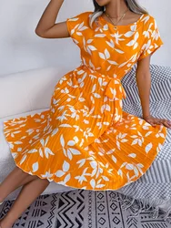Casual O-neck Short Sleeve Dress Office Lady Spring Summer Fashion Elegant Floral Print Lace Up Pleated Dresses For Women 2023