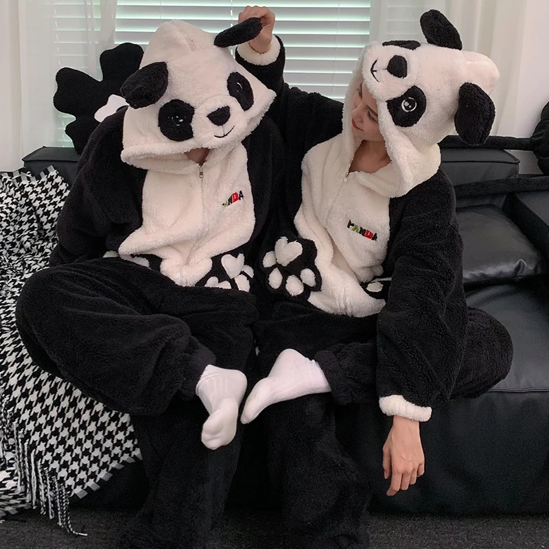 Kigurumis Panda Winter Women Pajamas Jumpsuits Men Sleepwear Warm Thicken Couple Cartoon Hooded Coral Velvet One-Pieces Lovers