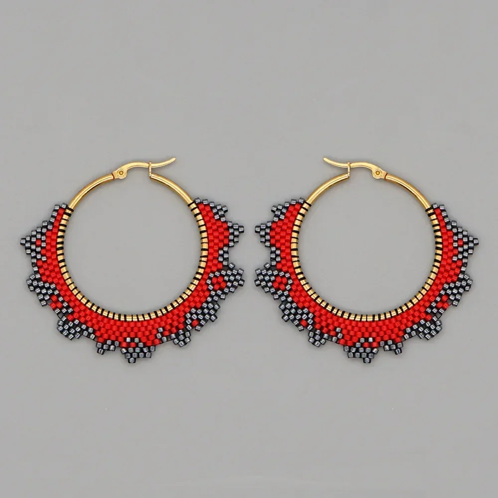 Beaded earrings Circle Rainbow Geometry Gradient Hand knitting Bohemia Alloy Tide Female Simple Rice bead earrings