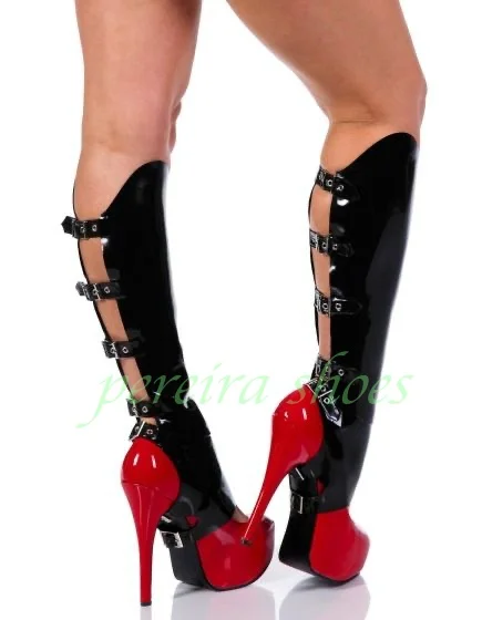 Lady Punk Metallic Pu Platform Knee Boots Stiletto Heel Hollow Design Dance Mix Color Cut-Out Runway Office Mirror Bohemian Boot