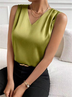 Women Summer Style Blouses Shirts Lady Casual Sleeveless V-Neck Satin Fabric Solid Color Blouse Tops DF5069