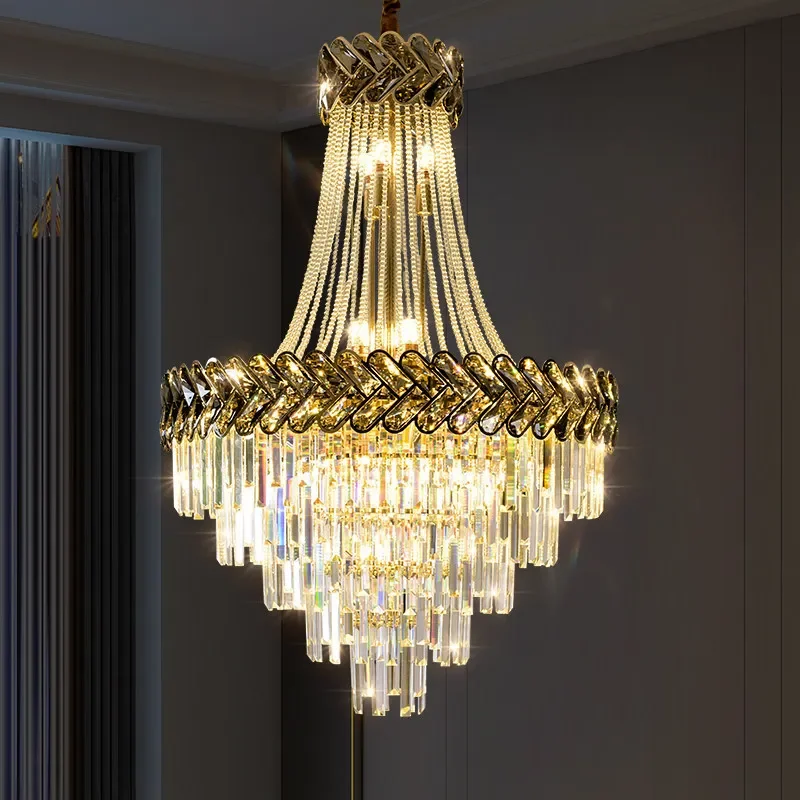 Crystal Chandelier for Living Room Duplex Villa Staircase Long Pendant Light for Middle Floor Hotel Lobby Restaurant Lighting