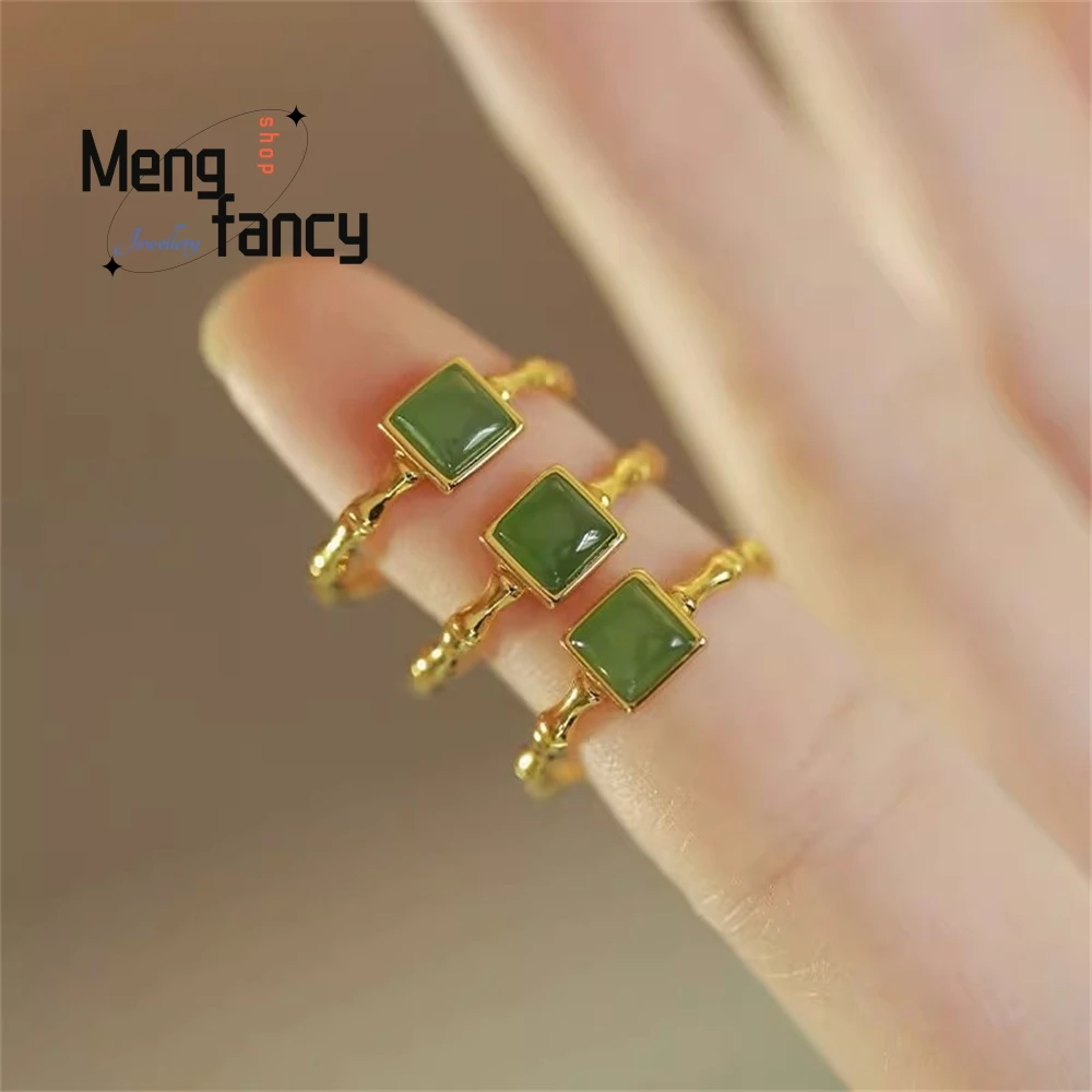 Chinese-Style Ring With A Fallen Green Bamboo Design For Women Featuring A Fashionable And Individual National Trend Square Ring