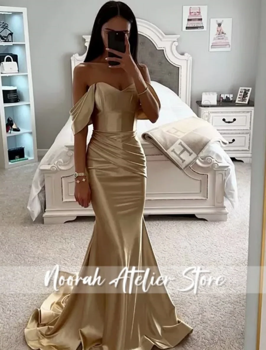 فساتين سهرة ذهبية أنيقة بدون أكتاف على شكل قلب دبي فساتين زفاف نسائية لفساتين رسمية سعودية حسب الطلب