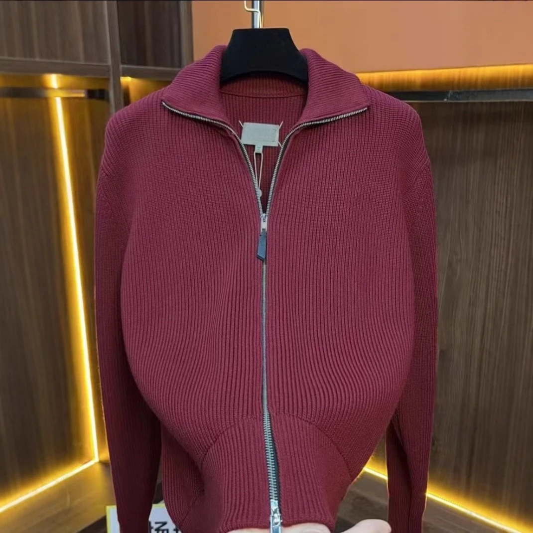 

Fashion zipper knitted cardigan high neck men's autumn and winter item solid color jacquard Korean version casual sweater coat