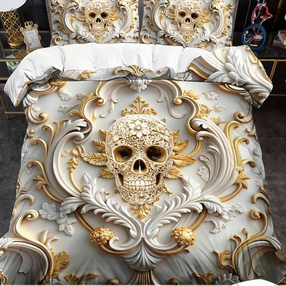 Baroque Gold Skull Bedding Set 3D Print Duvet Cover Pillowcase Set Soft And Durable Fabric For Bedroom Decor