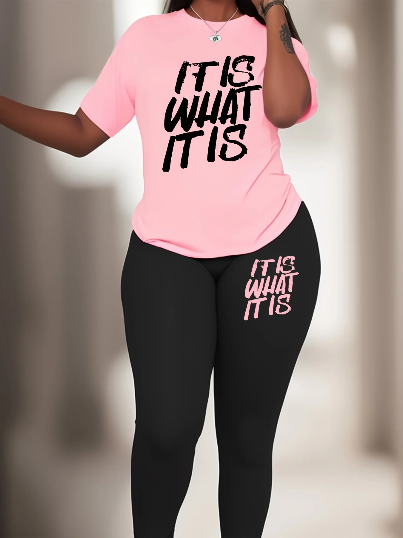 Plus Size Slogan Print Sports Set - Crew Neck Polyester Knit Fabric with Elastane, Medium Stretch Activewear Set 2 Pieces Set