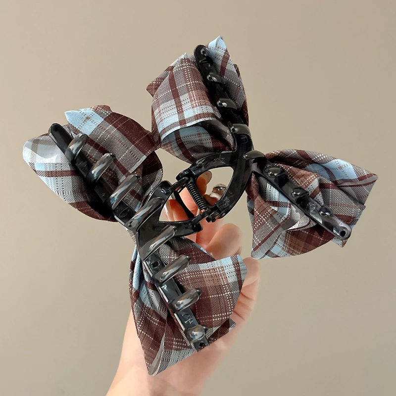 韓国風スクールチェック柄リボンヘアクリップ レディース エレガントアップスタイル シャーククリップ ヘアアクセサリー