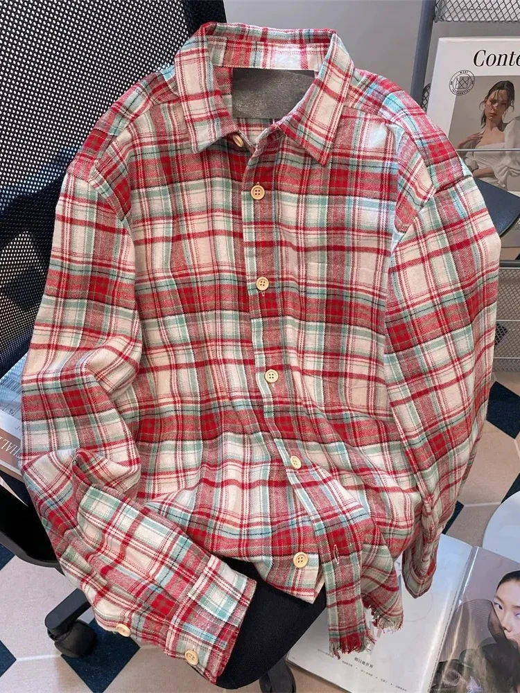 

Red Plaid American Shirt Women Oversize Loose Vintage Long Sleeve Fall Blouse Streetwear Harajuku Retro Casual Bf All Match Tops