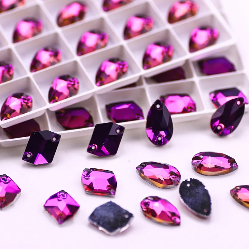 

Purple Gradient color All Sizes Crystal Glass Rivoli/Square Sewing Stones Flatback Sew on Rhinestones For Garment Clothes Bags