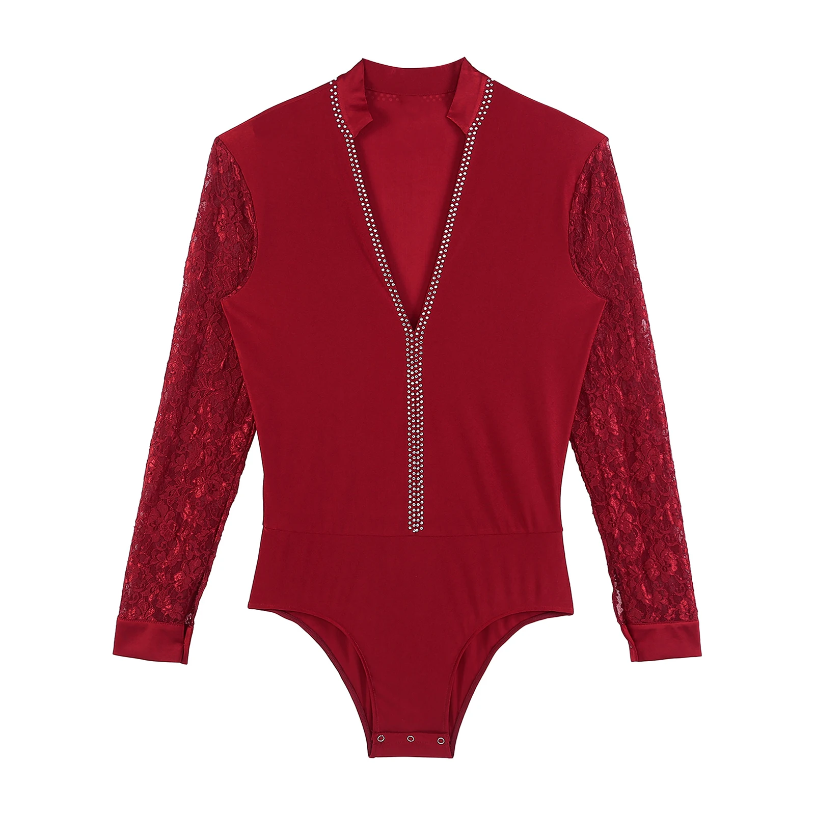 Combinaison de gymnastique pour hommes, chemises de danse latine Tango, body de Performance en dentelle florale, col en v profond, justaucorps de patinage de Ballet acrobatique