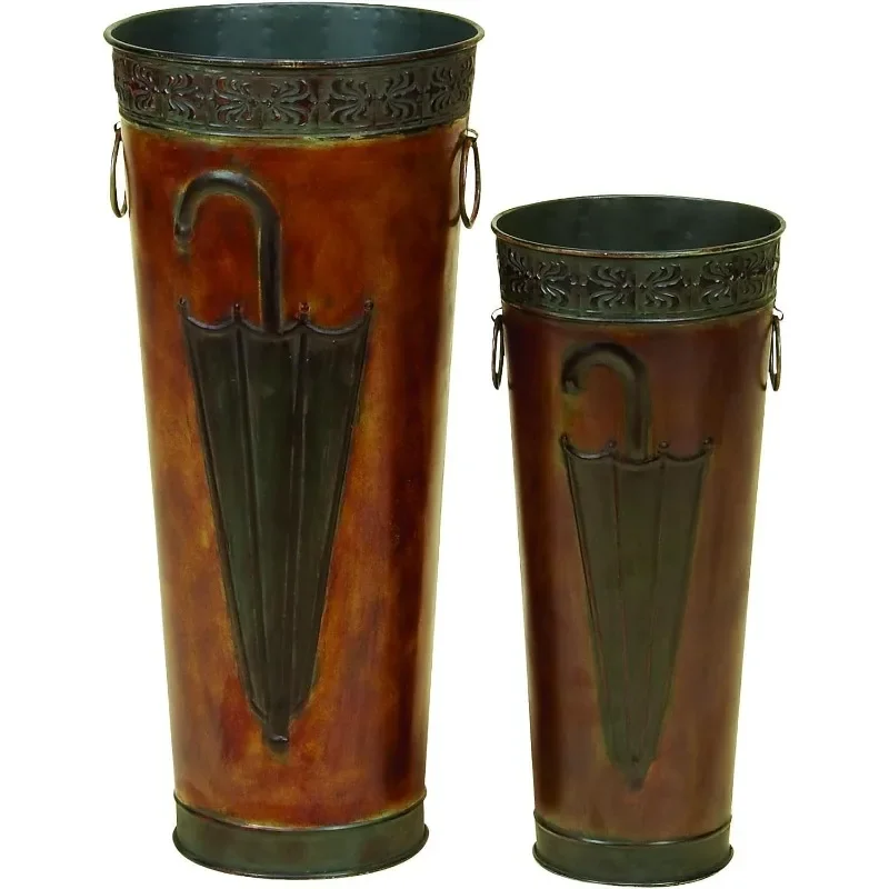 

Deco 79 Metal Umbrella Stand with Umbrella Image and Handles, Set of 2 21", 17"H, Brown