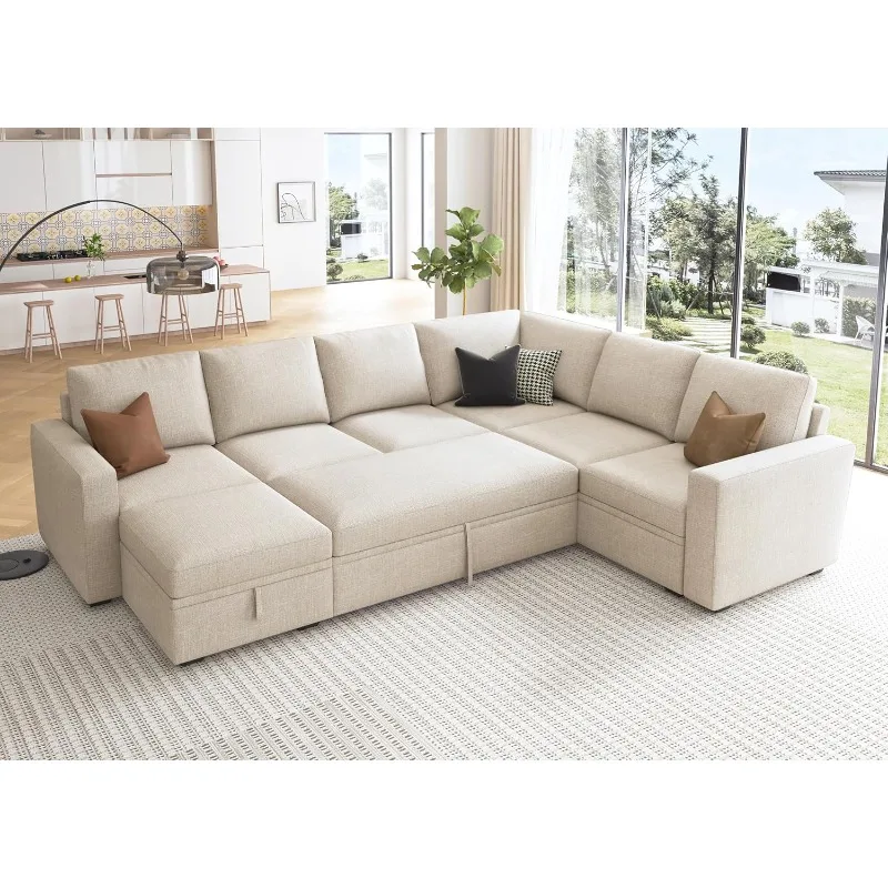 Sofá cama seccional modular con cama extraíble, sofá seccional en forma de U con sofá convertible otomano de almacenamiento de 7 plazas, beige