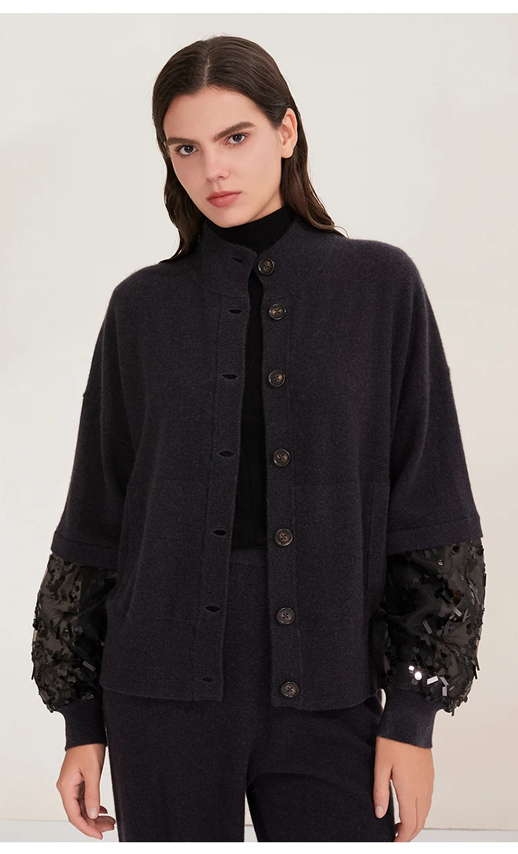 BD4521243 Damen-Kaschmir-Cardigan mit Knöpfen, Stehkragen, Langen Ärmeln, Organza-Pailletten-Manschetten, Lockerer Schnitt, Winter-Strickware – Detail 4
