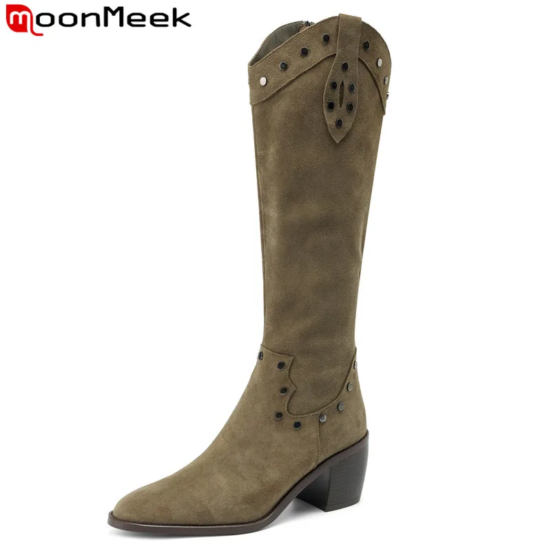 

MoonMeek 2024 New Cow Suede Leather Zipper Boots Top Sale Ladies Knee High Boots Thick High Heels Winter Shoes