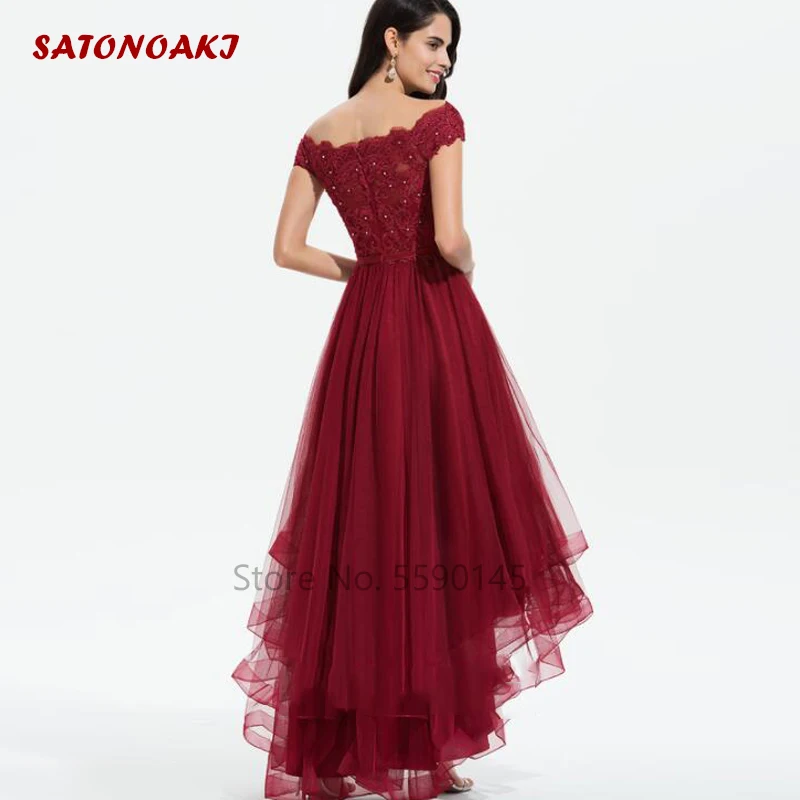 Robes De Soiree Elegant Burgundy Evening Dresses 2023 Off The Shoulder Appliques High/Low Tiered Prom Party Gown Vestidos Noche