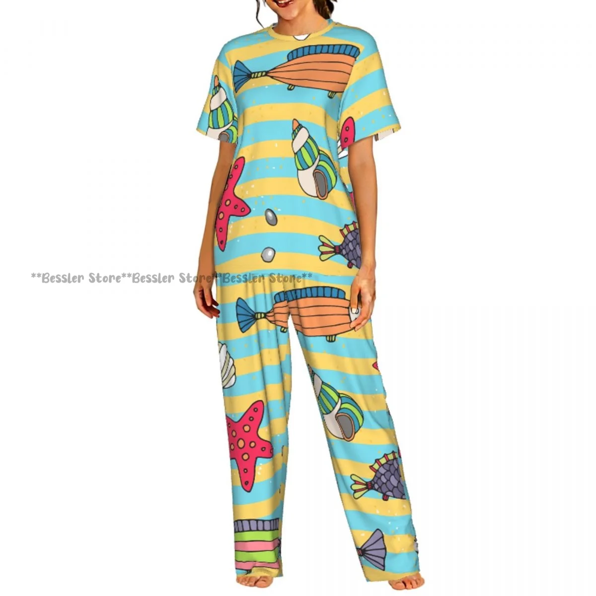 

Женский пижамный комплект с принтом морских волн, песка, россыпью ракушек, морских звезд и рыб, с коротким рукавом, 2 предмета, для сна и дома