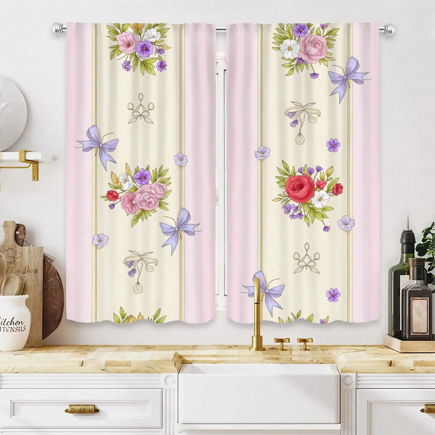 2pcs Floral Print Sheer Curtains - Pink Roses, Purple Flowers & Green Leaves On Light Yellow, Semi-Sheer Window Drapes