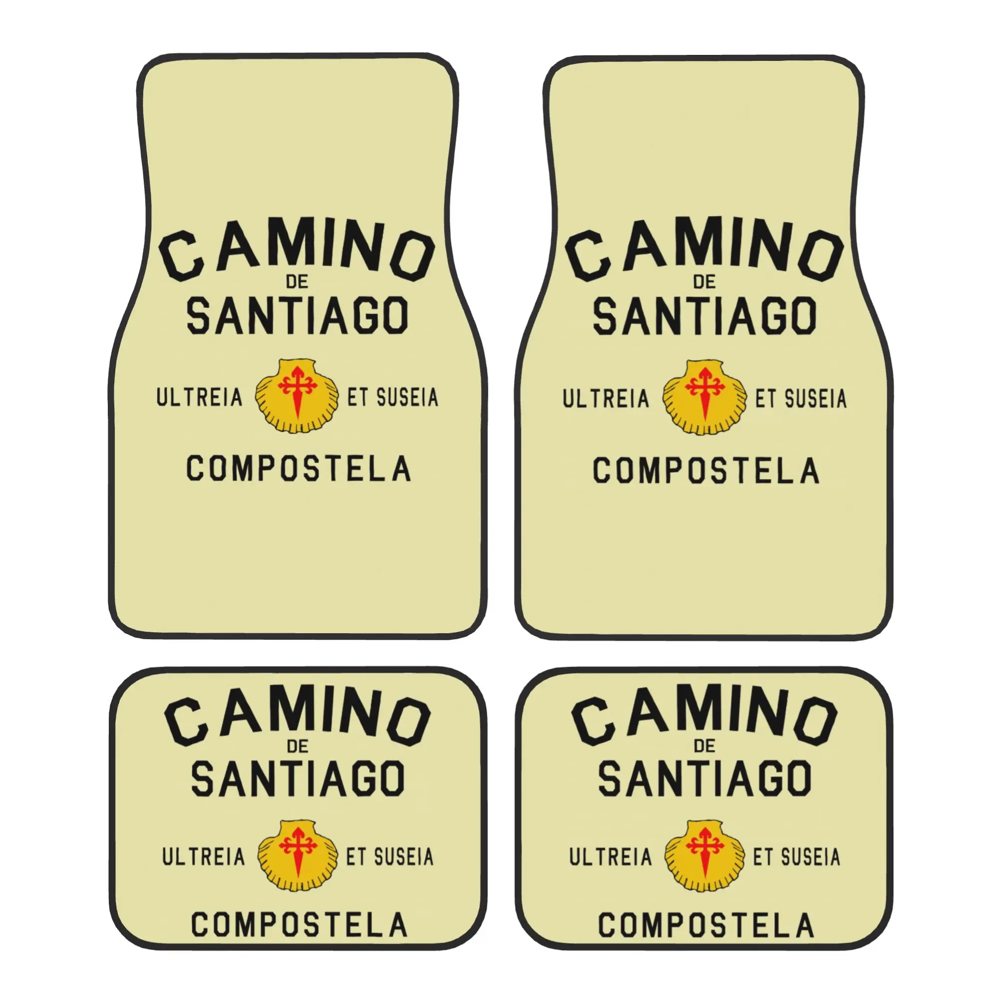 Buen Camino De Santiago, Juego de 4 Alfombrillas de Terciopelo Cristal para Auto, Alfombrillas Delanteras y Traseras, Compostela Peregrino, Alfombrilla de Protección para Auto