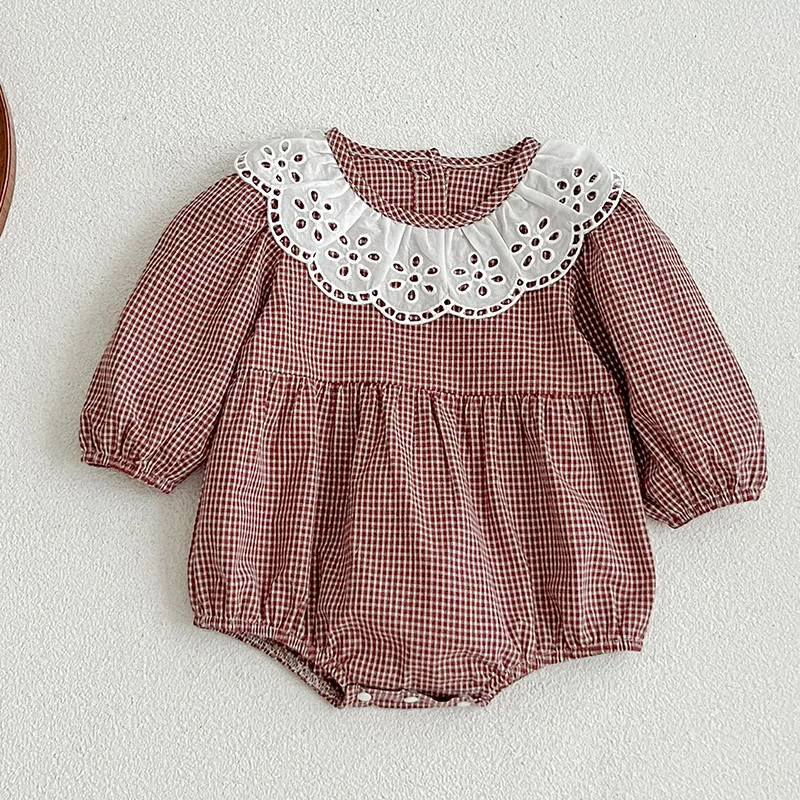 Autumn Lace Collar Born Clothes New Baby Bodysuits Grid Cotton Toddler Girls Onepiece Clothes Infant Bodysuits Baby Girl Clothes