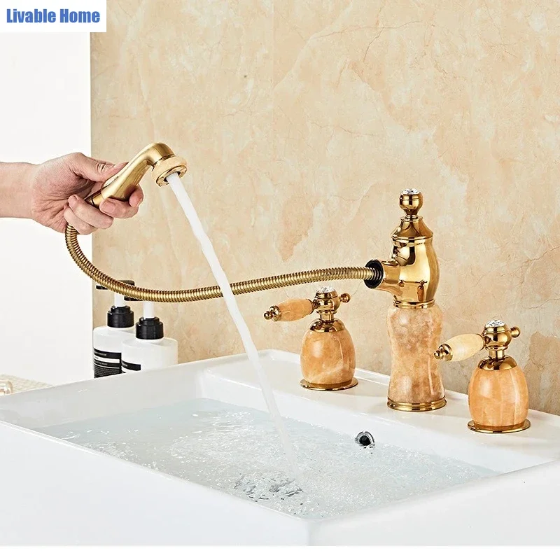 Luxury Jade and Brass Countertop Sink Faucet – Hot and Cold Water Faucet for Bathrooms and Hotels