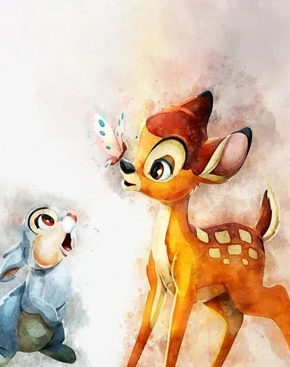 Pintura en lienzo de Disney Bambi Thumper, conejo, ciervo, ardilla, arte de pared en acuarela