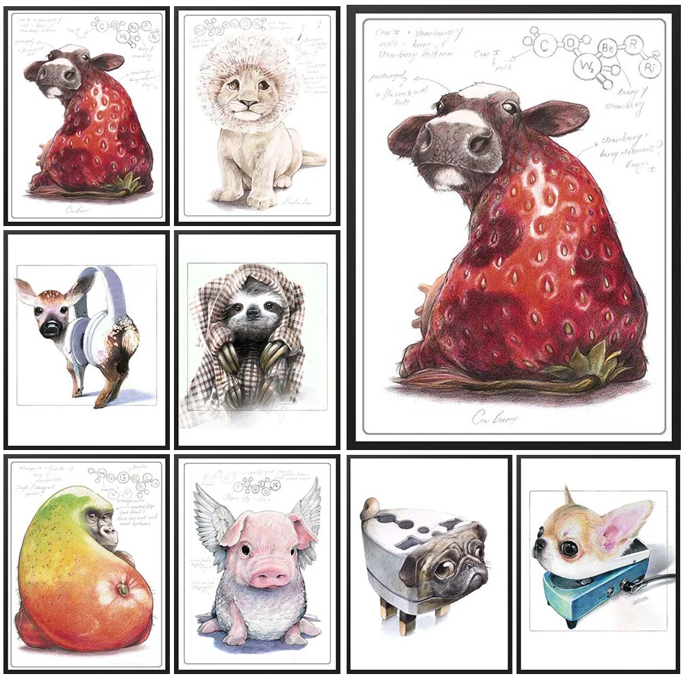 

Настенный постер с забавными фруктами, животными, коровой, ягодой, настенный постер для гостиной в скандинавском стиле, настенная Картина на холсте, домашний декор без рамки