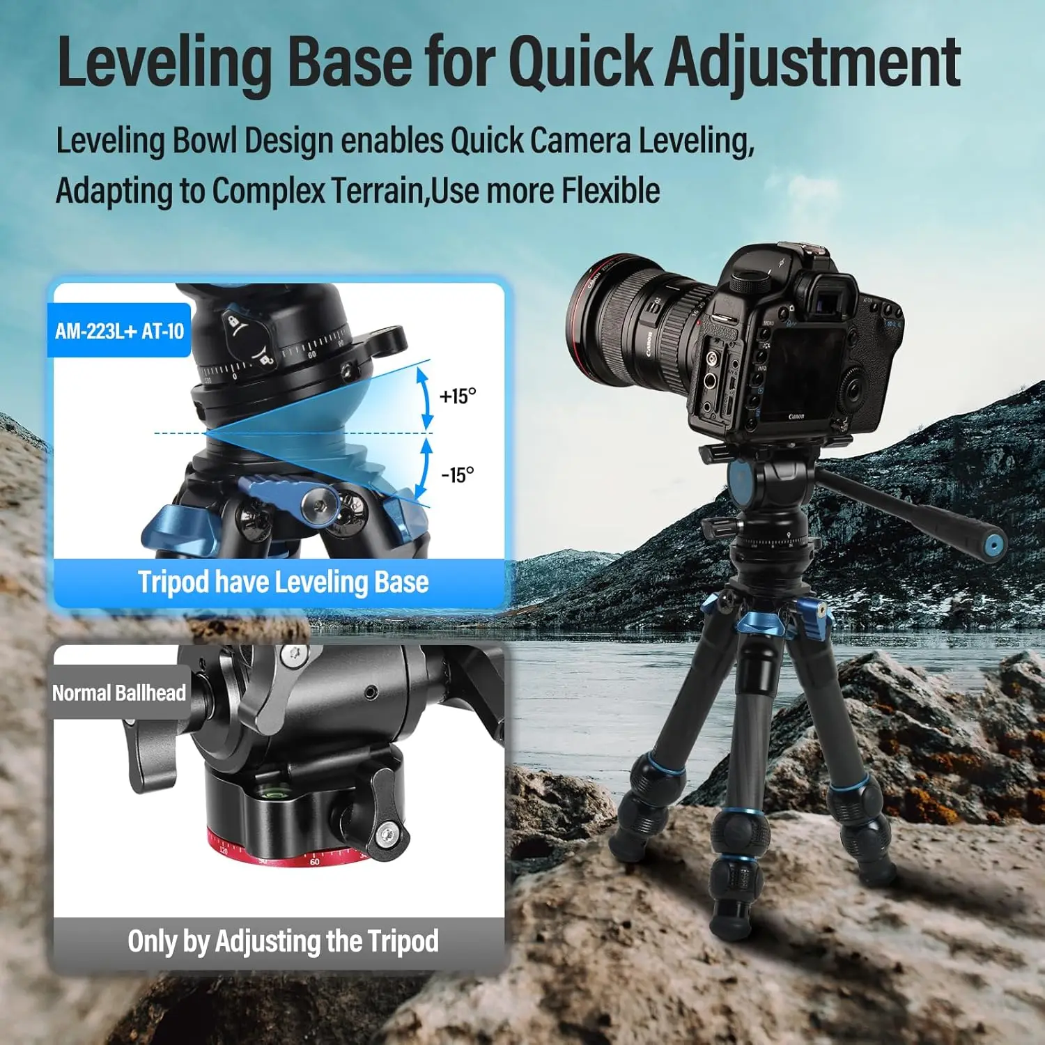 AM223L Mini Video Tripod with AT10 Fluid Head, Carbon Fiber Tabletop Travel Tripod for Camera, Camcorder, Leveling Base, Max Hei