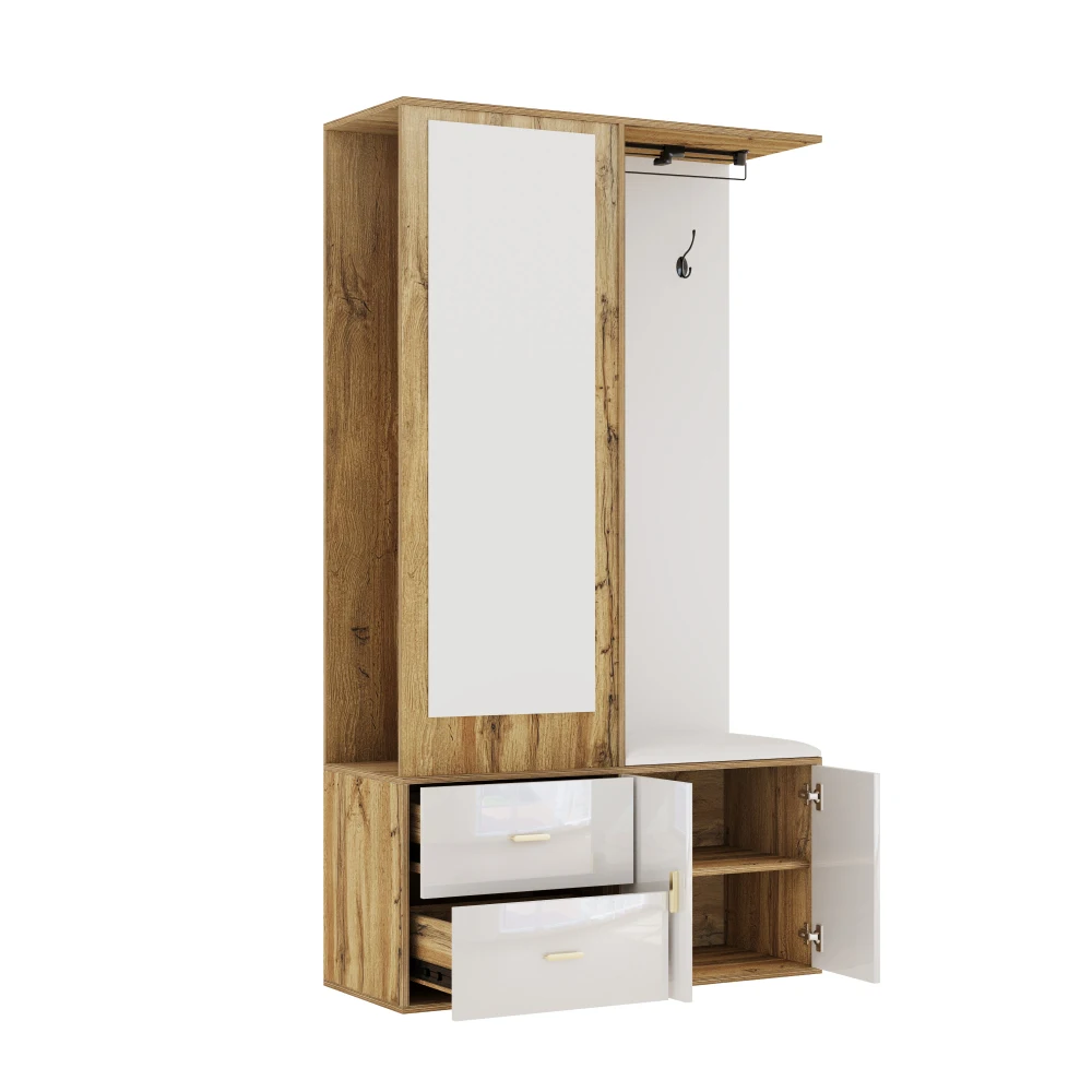 PINGGO Edles Garderoben-Set mit Spiegel, Schuhschrank, Schuhbank mit Haken, ausziehbarer Kleiderstange in Weiß und Holzfarben – Detail 20