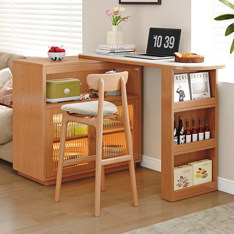 

All solid wood bar table Balcony Leisure bar counter Household small apartment Cherry wood color cabinet Retractable partition