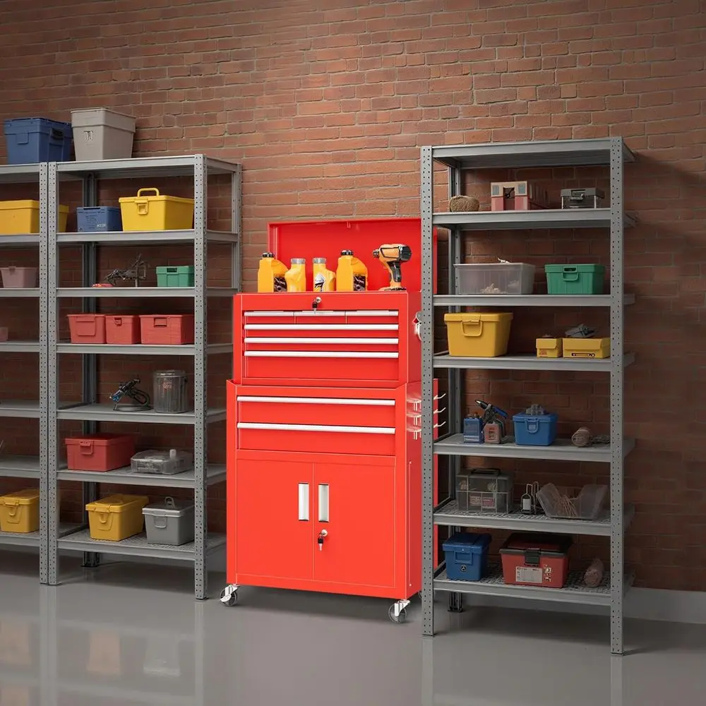 مجموعة أدوات خزانة وخزانة ذات 8 أدراج، خزانة أدوات جراج معدنية شديدة التحمل مع عجلات وبابين، صندوق علوي 2 في 1 ولفة