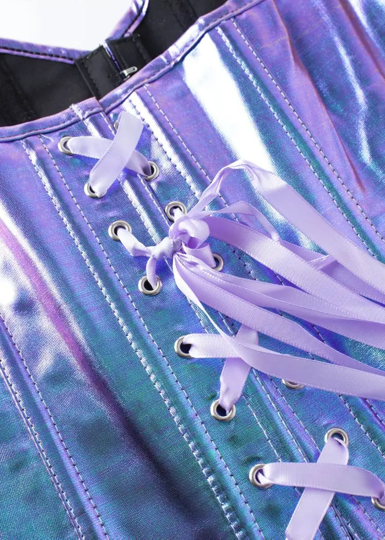 Women's Blue Purple Holographic Corset Top, Vertical Seam Slim Fit Cropped Bustier for Rave Festival view 5