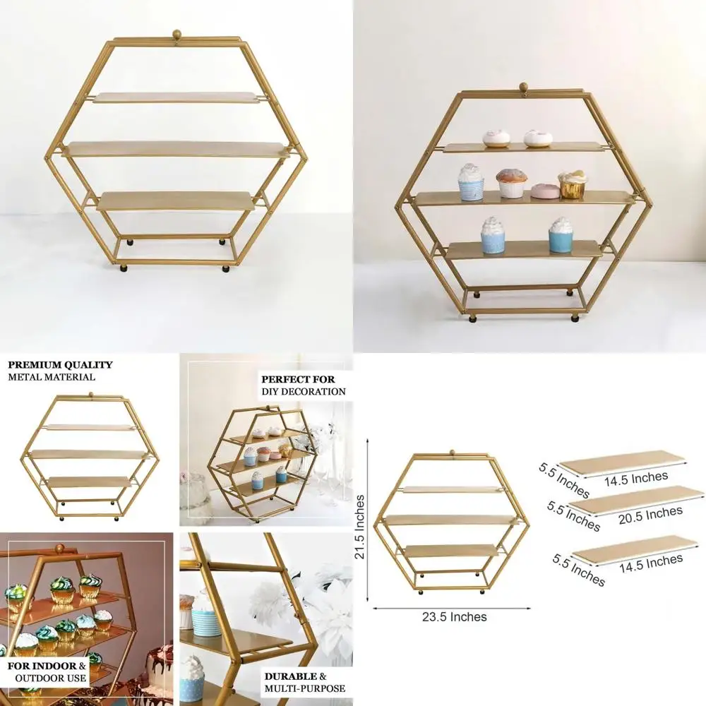 

21 Inch Tall 3 Tier Hexagonal Gold Metal Cupcake Stand for Dessert Display