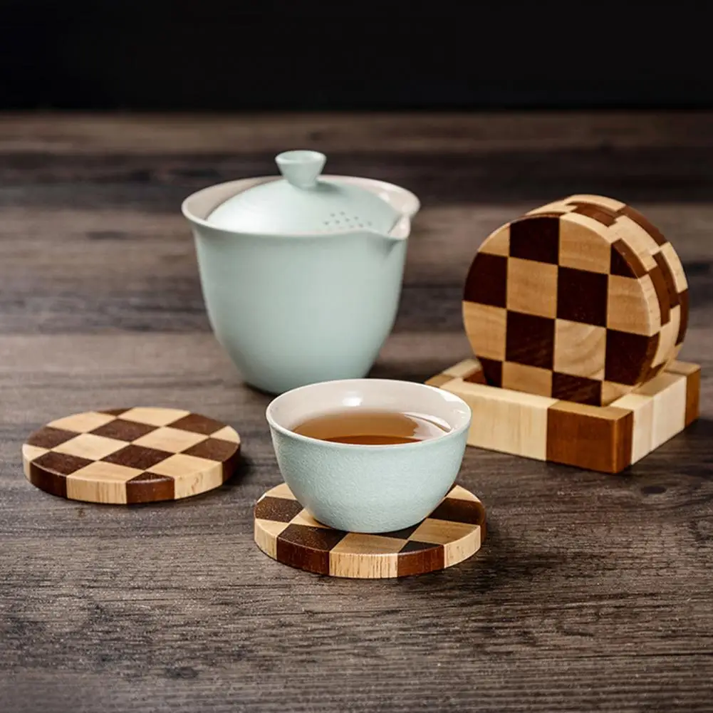 Wooden Coaster Set Wooden Coasters with Holder 6pcs Wooden Drink Coasters Set with Holder Absorbent Tea Tray Coasters for Table