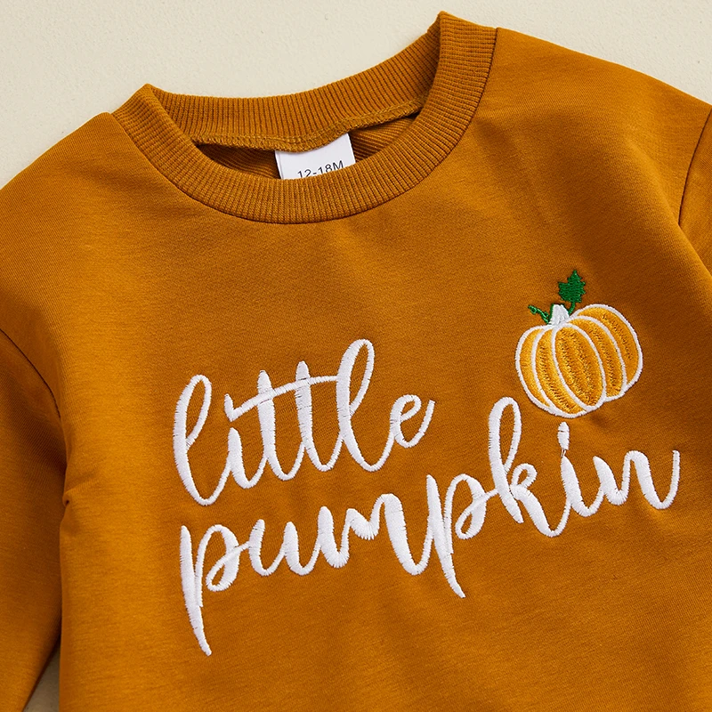 2024-06-20 Lioraitiin Girls Halloween Set Letter Pumpkin Embroidered Long Sleeve Round Neck Sweatshirt Long Flare Pants Outfits