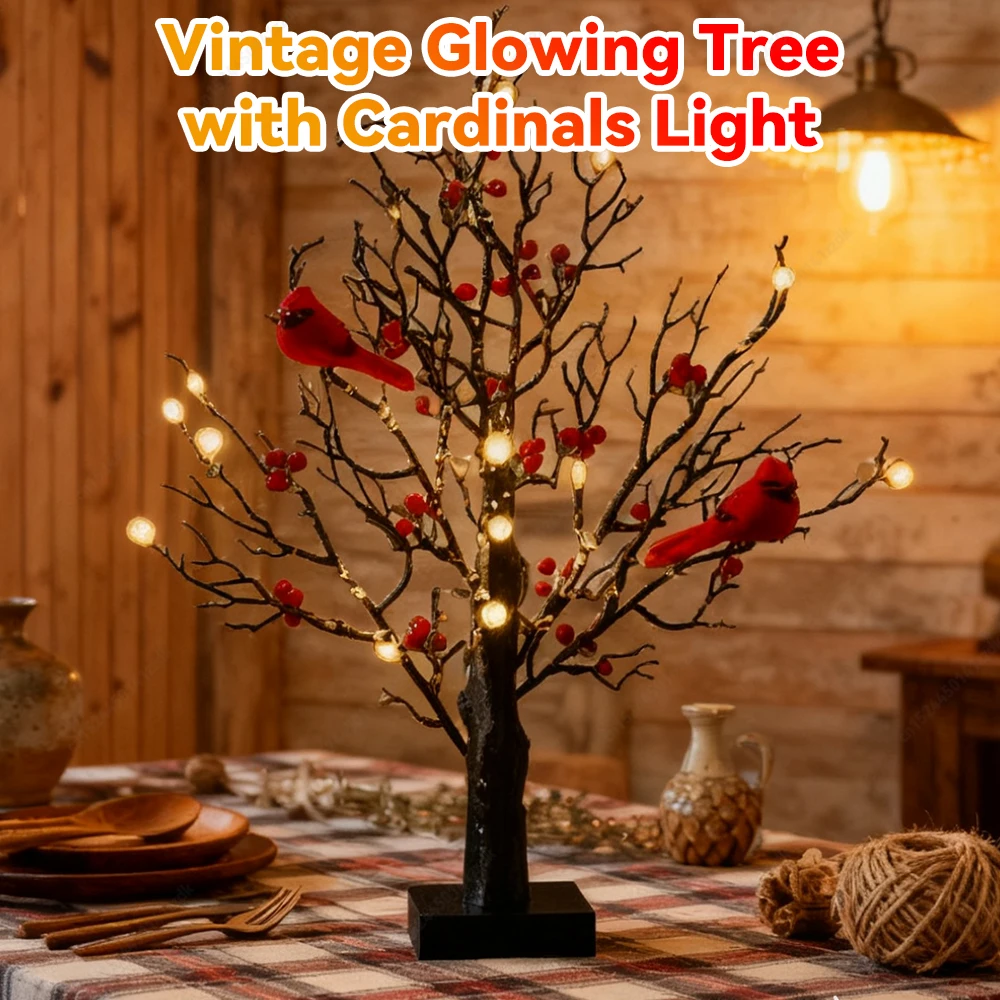 شجرة عيد الميلاد المتوهجة العتيقة مع الكرادلة - مثالية للعطلات، شجرة متوهجة تعمل بالأشجار المتميزة، ديكور مضاء